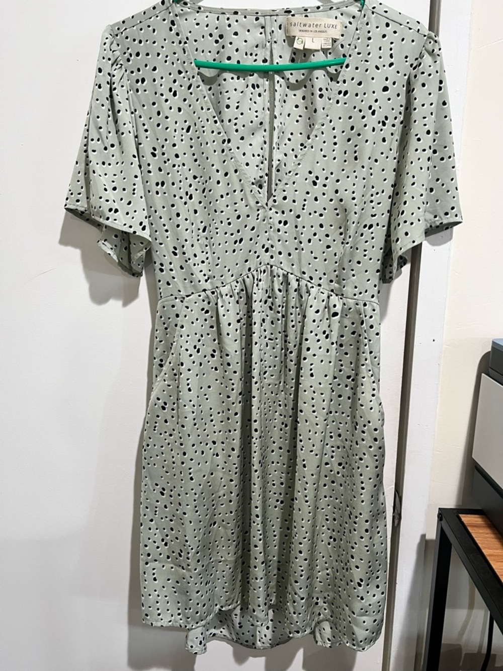 saltwater LUXE Sage Green Polka Dot V-Neck Mini Dress